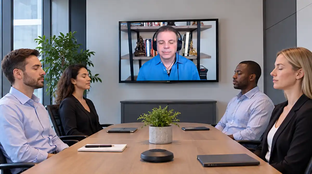 Business meditation session helping employees practice mindfulness at work